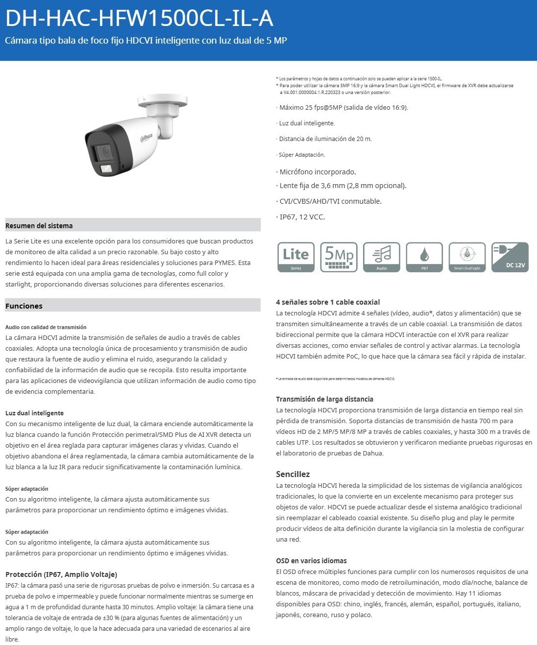 Camara Tubo Dahua 5Mp Ir20M Dual Light Dh-Hac-Hfw1500Cln-Il-A