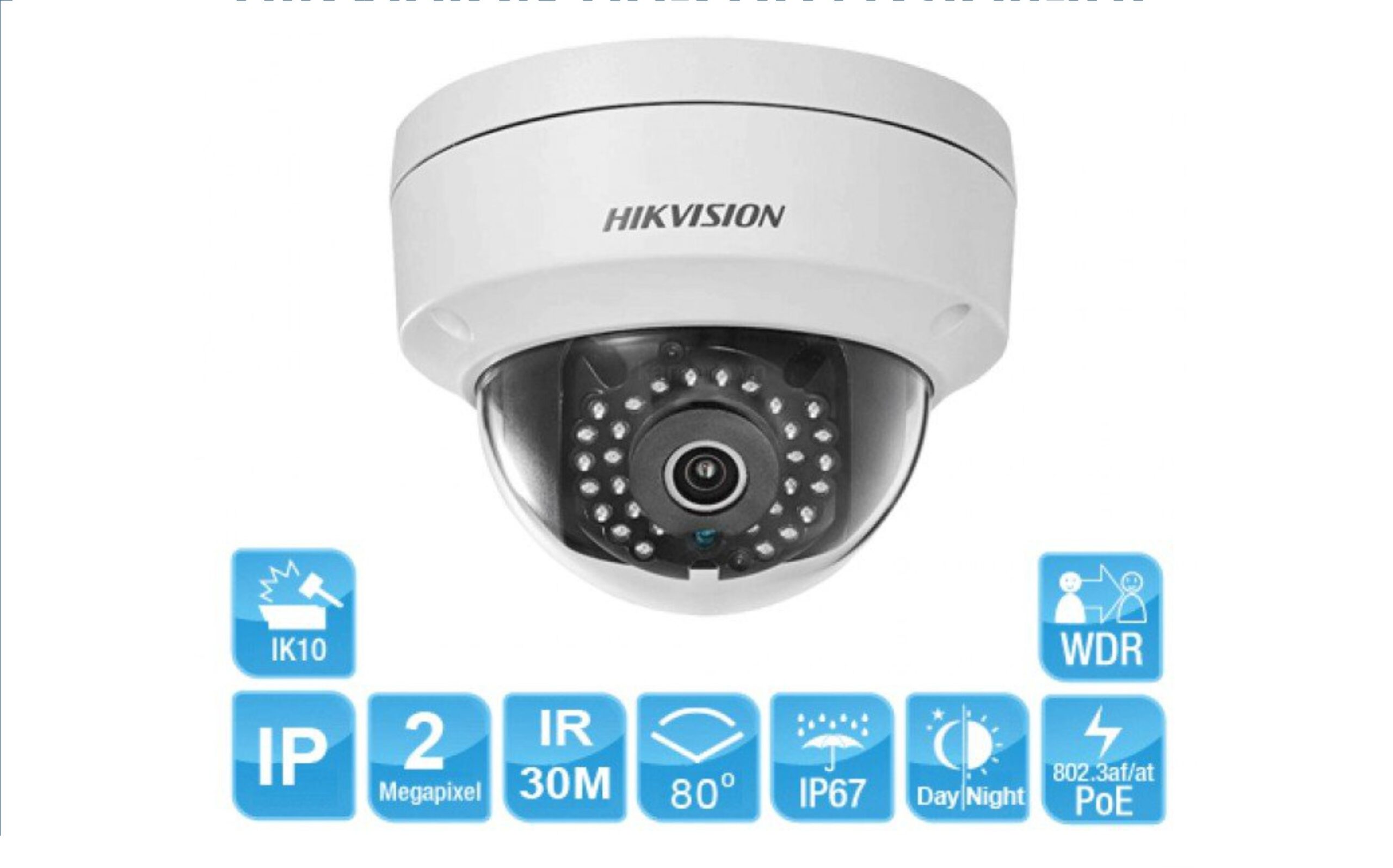 Camara  Domo  IP Hikvision POE, 2MP 1080P, IR 30m, Outdoor/Indoor, IP67, Plástica 2.8mm